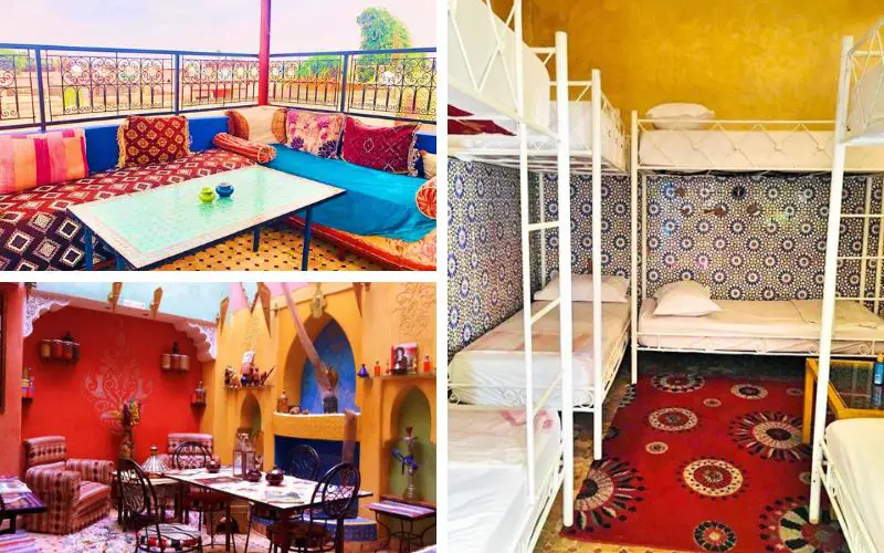 3 vues de l'intérieur de l'auberge de jeunesse du Riad Layla Rouge hostel de Marrakech